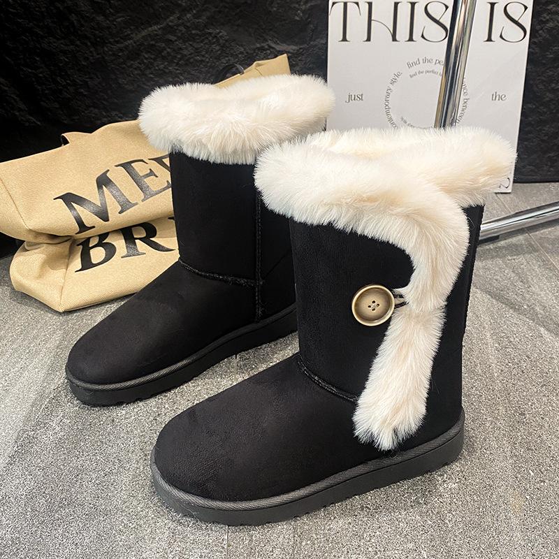 

Большие размеры высокие хлопковые туфли для внешней торговли экспортные модели с утолщенным теплым мехом осенние и зимние бархатные зимние сапоги на пуговицах для женщин 2025 36 чёрный