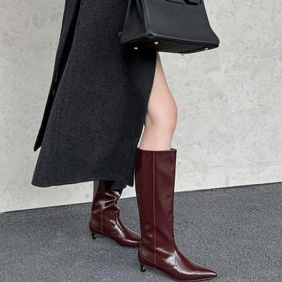 Pointed Cat And Long Boots Women'S Leather Fashion Simple Style Thin Heel Boots Thin Small Autumn And Winter High Boots