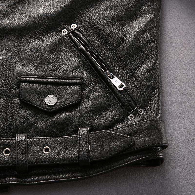 HARLEYANGEL spring and autumn locomotive leather jacket men, lapel oblique zipper leather rope waist top layer cowhide leather jacket