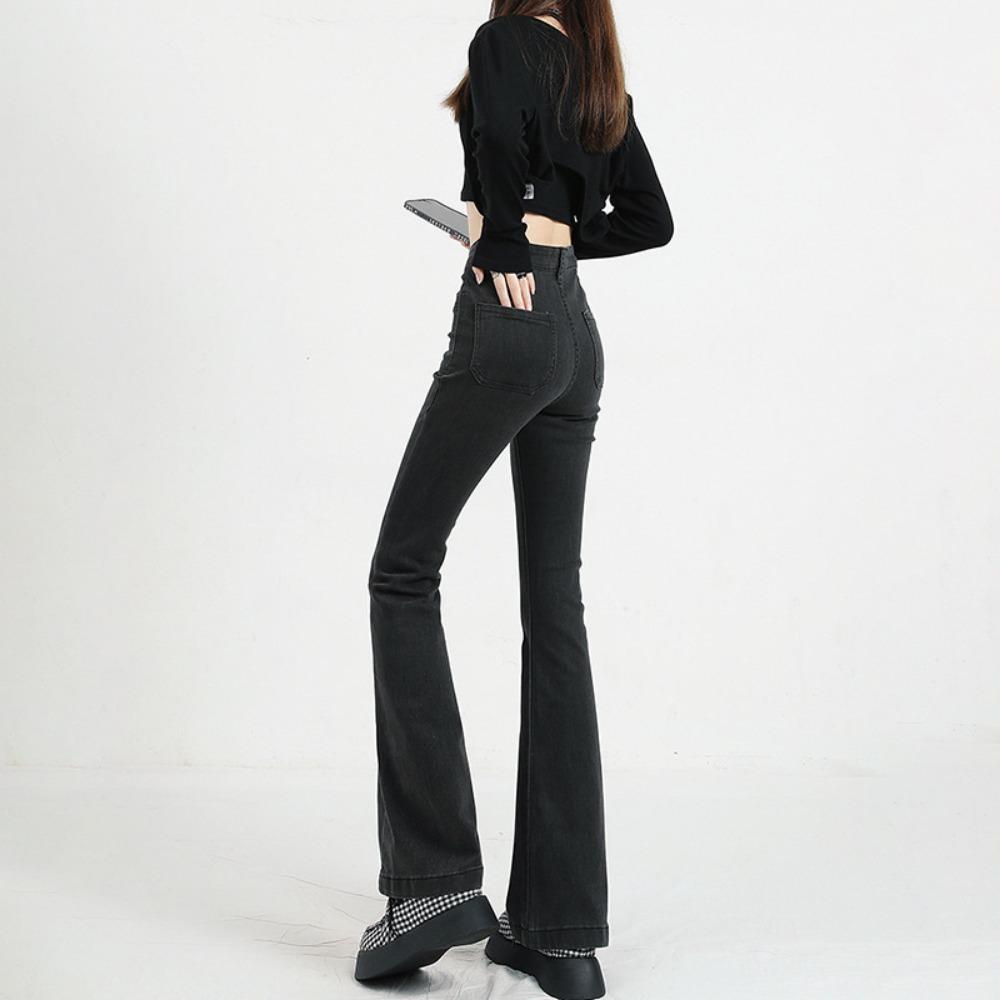 Black and gray Spice Girl micro-pull jeans women's 2025 new spring and autumn high-waisted hips and thin flared jeans