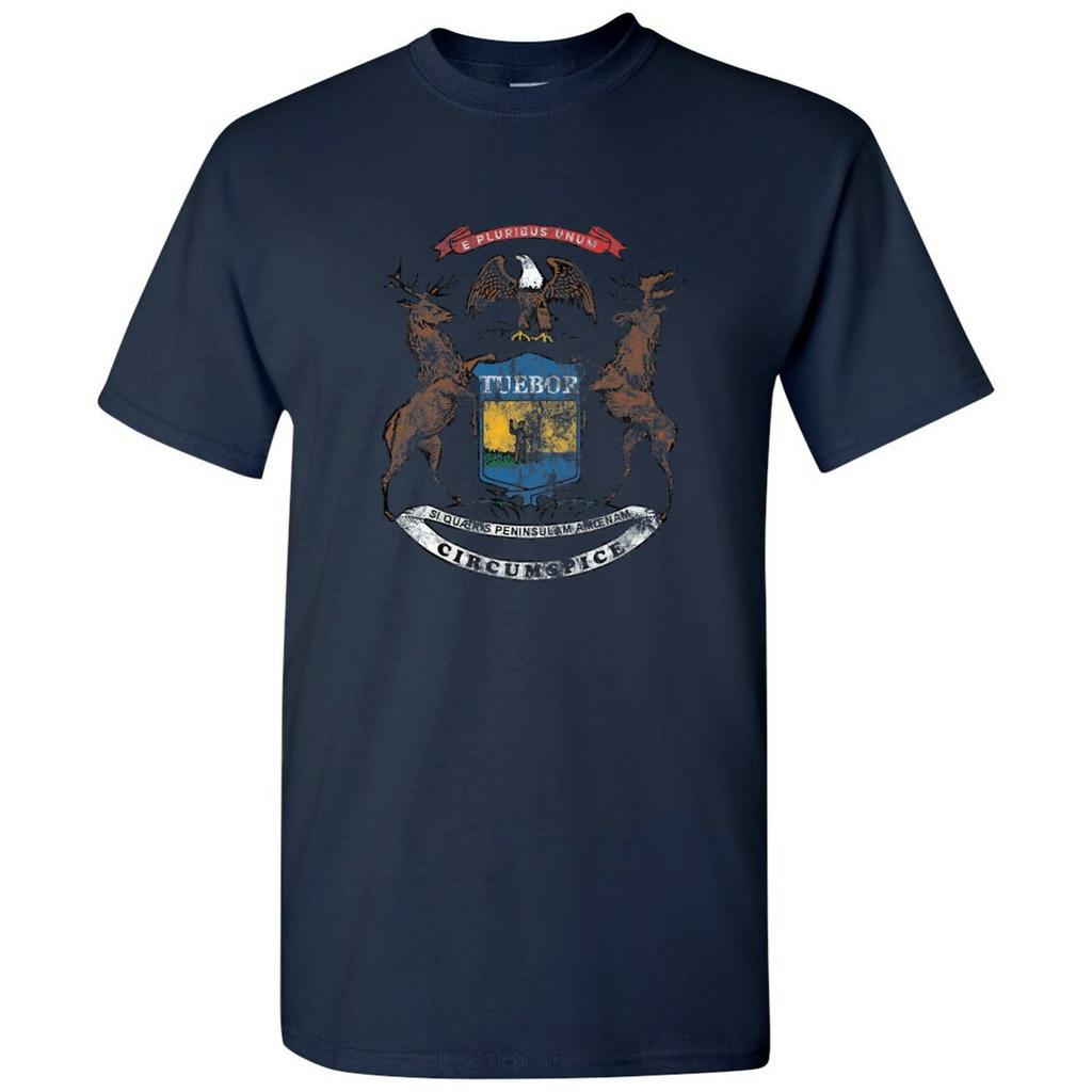Michigan State Flag - Hometown Pride Local Souvenir Basic Cotton T-Shirt - Navy