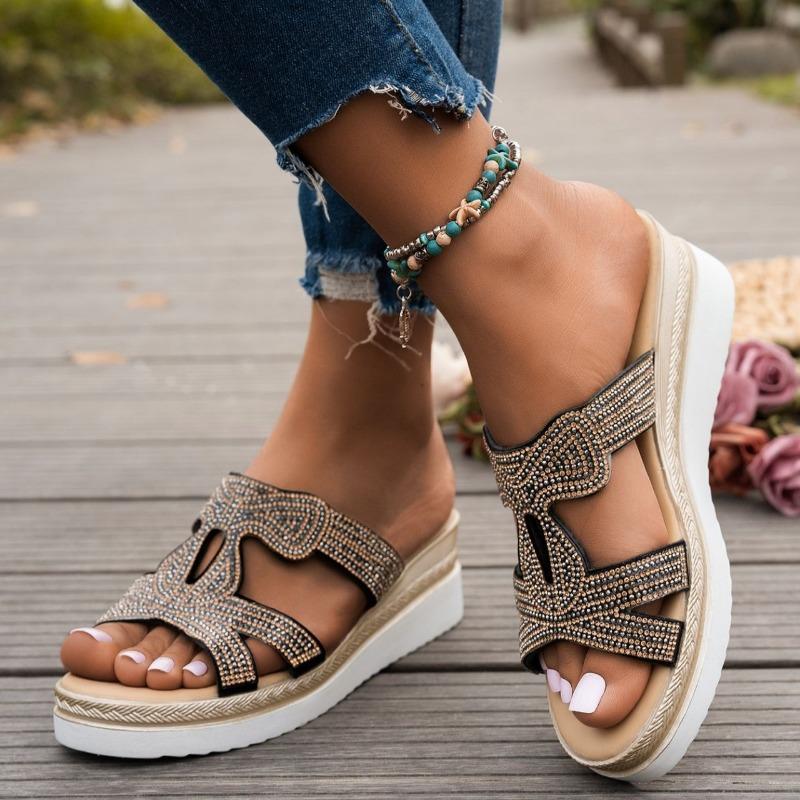 Women Platform Slippers Rhinestone Wedge Slippers 2025Summer New Casual Slippers for Women Outdoor Non Slip Beach Slides