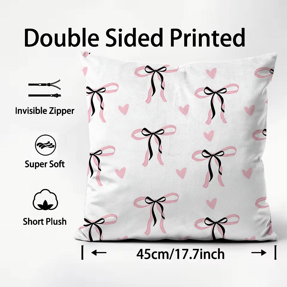 Pink Bow INS Cushion Cover Plush Fabric Soft DoubleSided Printed Sofa Warm Winter Home Child Gift Pillow Case