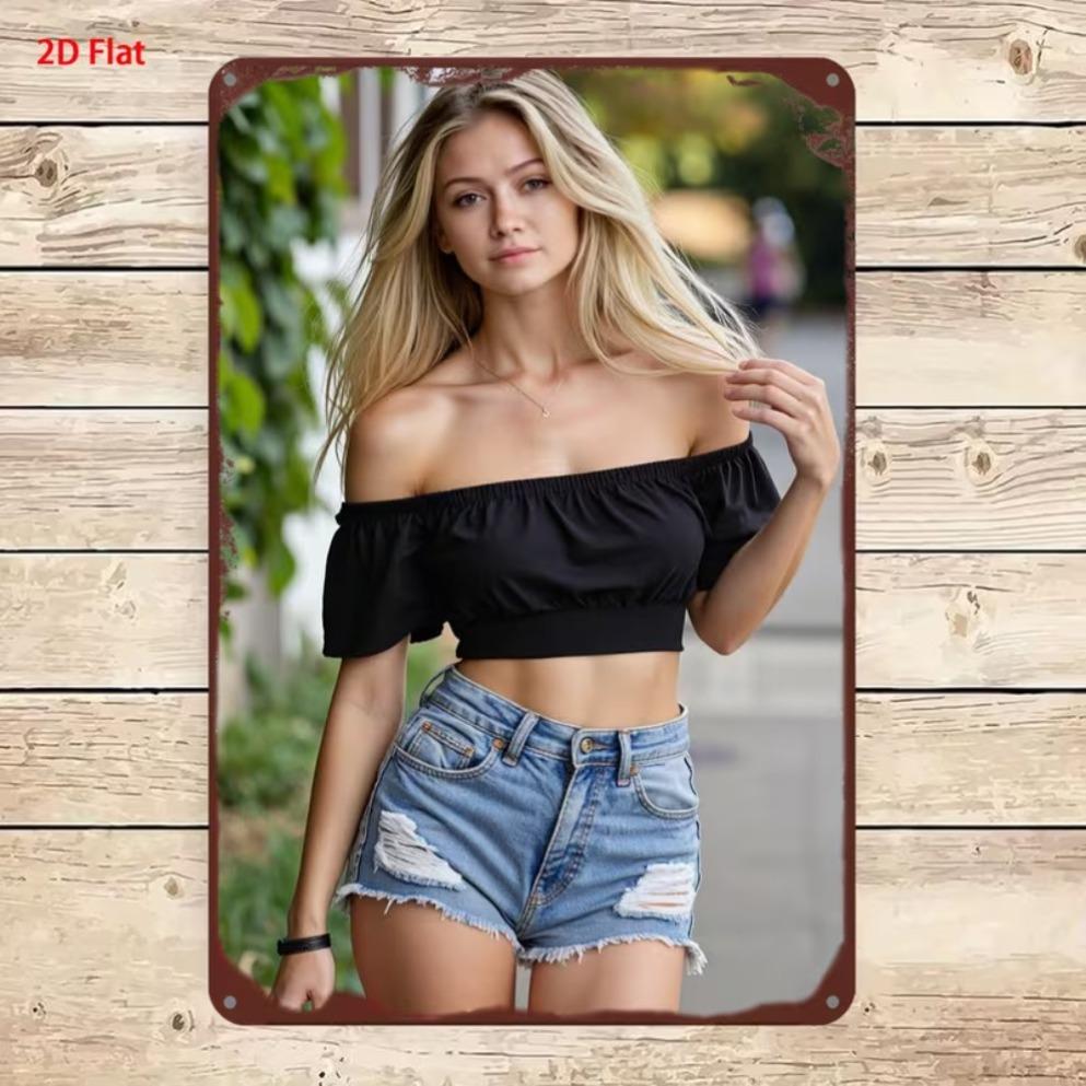 Vertical Metal Tin Sign Blonde Woman Yellow Crop Top Denim Shorts Wildflower Scenery Wall Hanging Decor