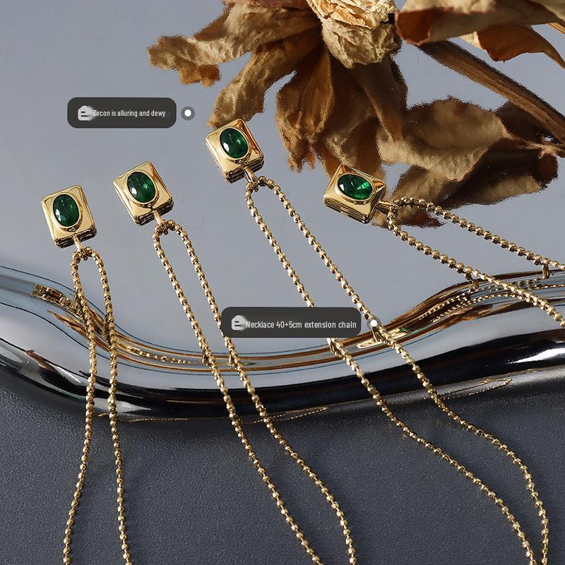 DIY Oval Zirconia Quadrilateral Pendant Necklace with Round Bead Chain In Gold-Plated Titanium Steel