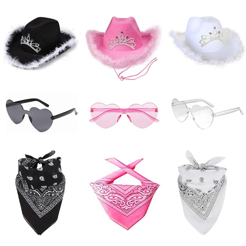 3Pcs Cowgirl Hat Set For Women 3 Light Modes Light Up Tiara With Bandana And Heart Shape Sunglasses Glitter Drawstring Cowboy Hat Dress Decoration