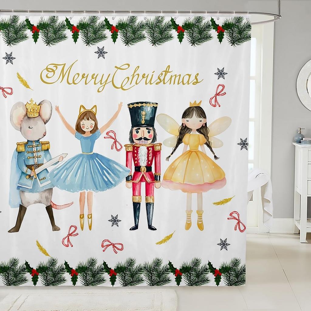 Christmas Cat Shower Curtain Cute Pet Cat Animal Bathroom Shower Curtain Sets, Xmas Decor Christmas Hat Fabric Shower Curtain