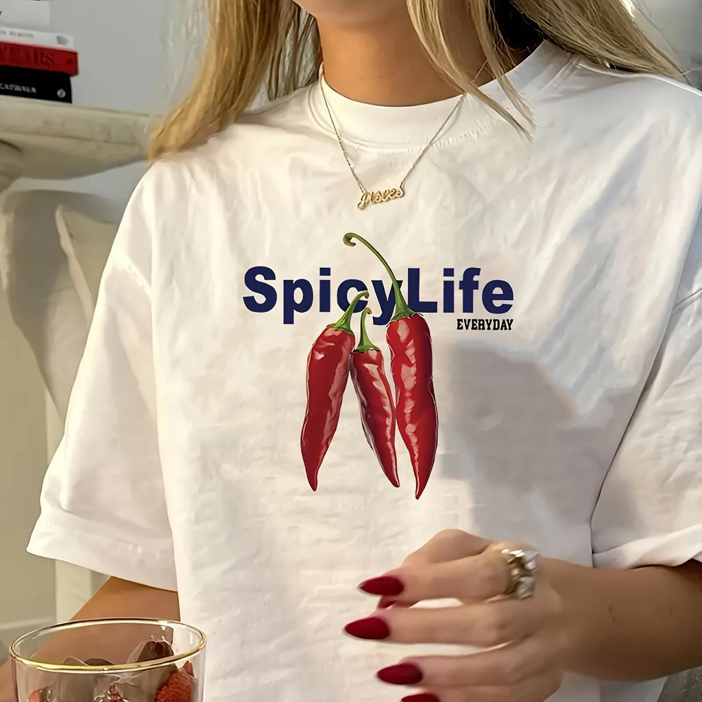 Chilli Spicy Life Print Crew Neck Tshirt Casual Short Sleeve Top Round Neck Casual Womens Summer Tshirt Clothing