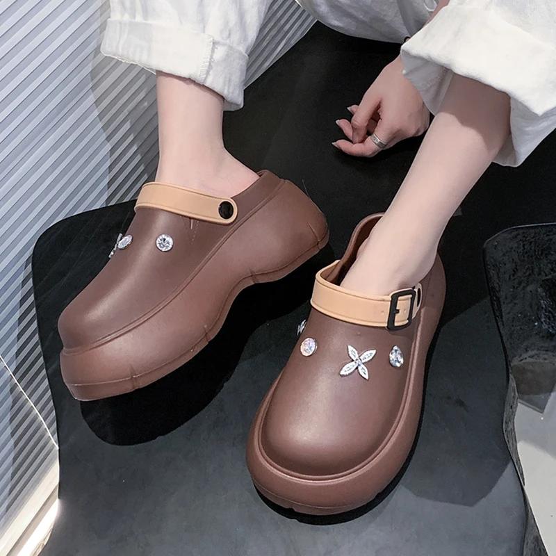 Fashion Crystal Decor Chunky Platform Clogs Shoes Woman 2025 Summer Buckle Strap Eva Sandles Woman Non Slip Thick Bottom Garden Sandals