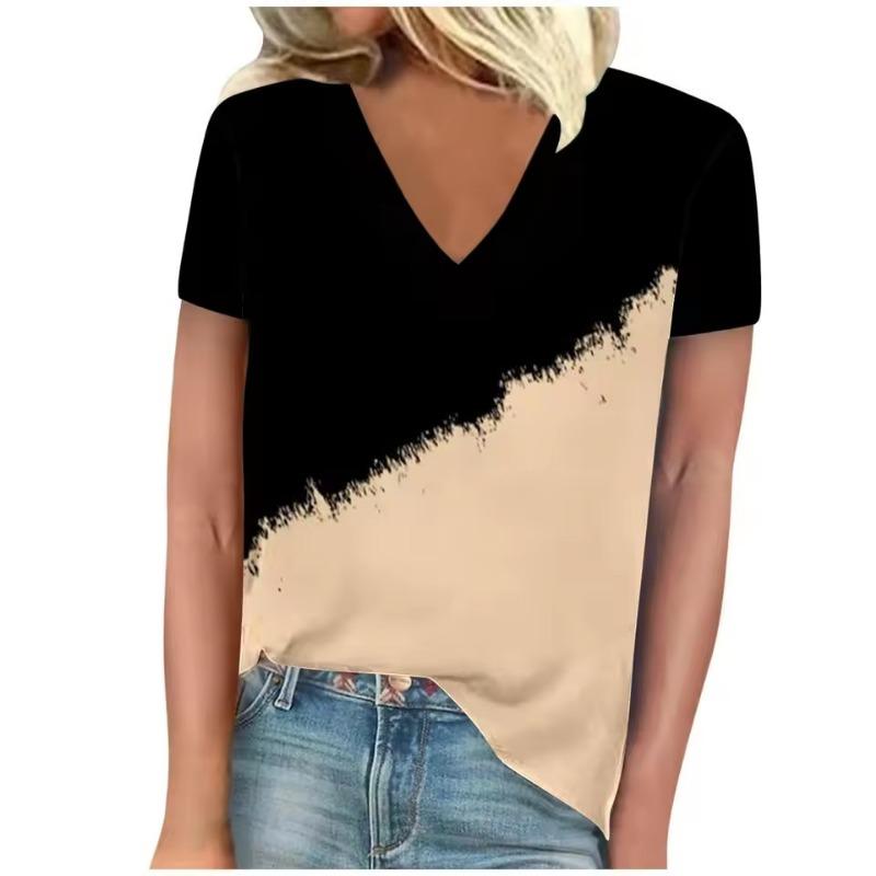 T-shirt Women's Summer Casual Elegant V-neck Short Sleeve Simple Gradient Pattern 3D Top Loose Casual Wear Ladies T-shirt