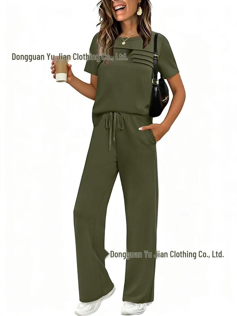 2026 Spring/Summer Women's Set: Short Sleeve Top & Elastic Waist Wide Leg Pants