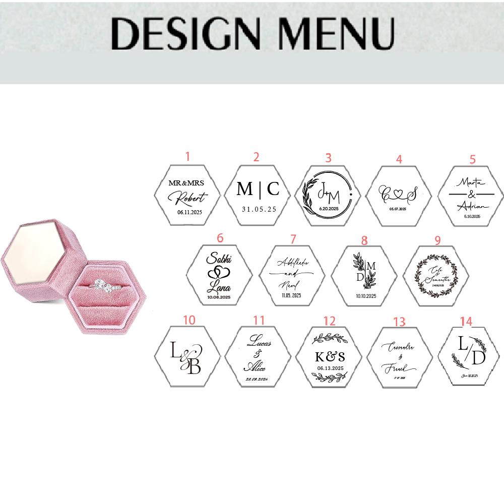 Personalized Hexagonal Velvet Ring Box with Mirror Acrylic Double Slot, Customized Wedding Engagement Proposal Gift, Light Pink Silvery