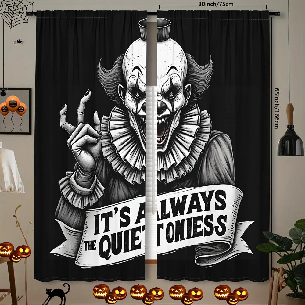 2pcs- Halloween Classic Look Gothic Clown Print Curtains, Pole Bag Home Decorations, Space Decorations Durable Material