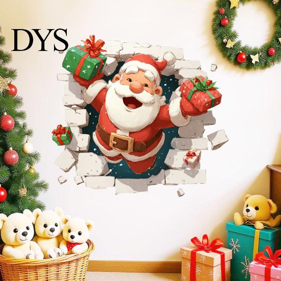 Seasonal Wall Art 3D Santa Claus Christmas Decals, Break Through Reindeer Decals Window Stickers, Removable Winter Holiday Decorations for Living Room