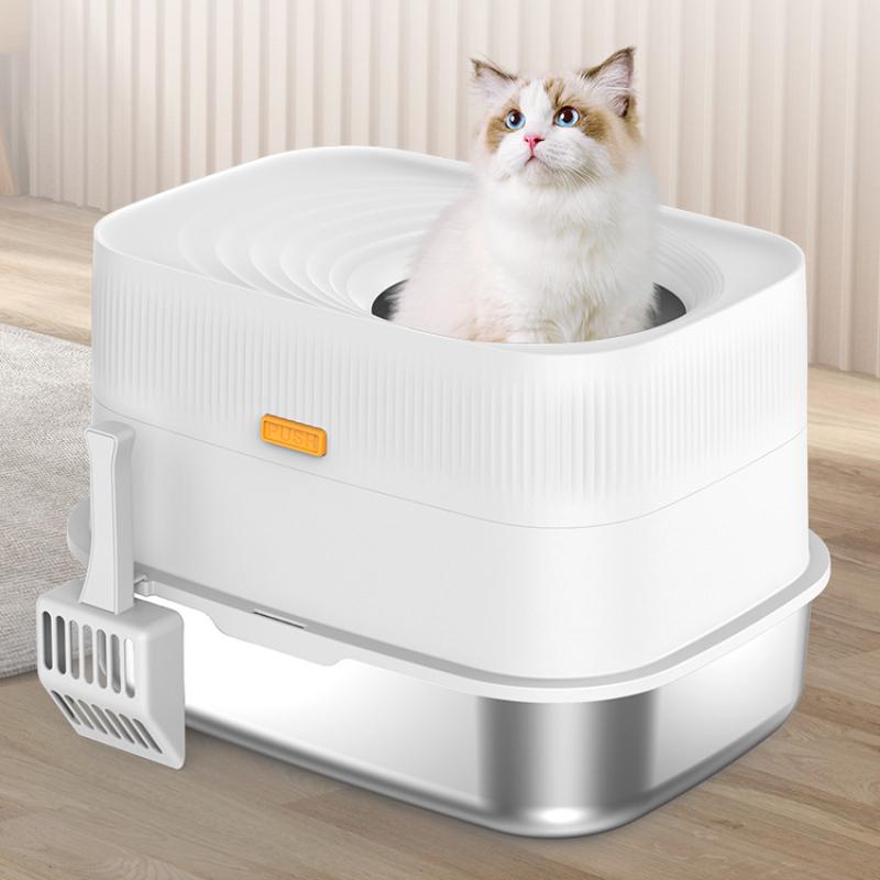 Stainless Steel Large Fully Enclosed Cat Litter Box Top Entry Easy Clean Pet Product Supplies Non-Sticky Cat Bedpans Accessories