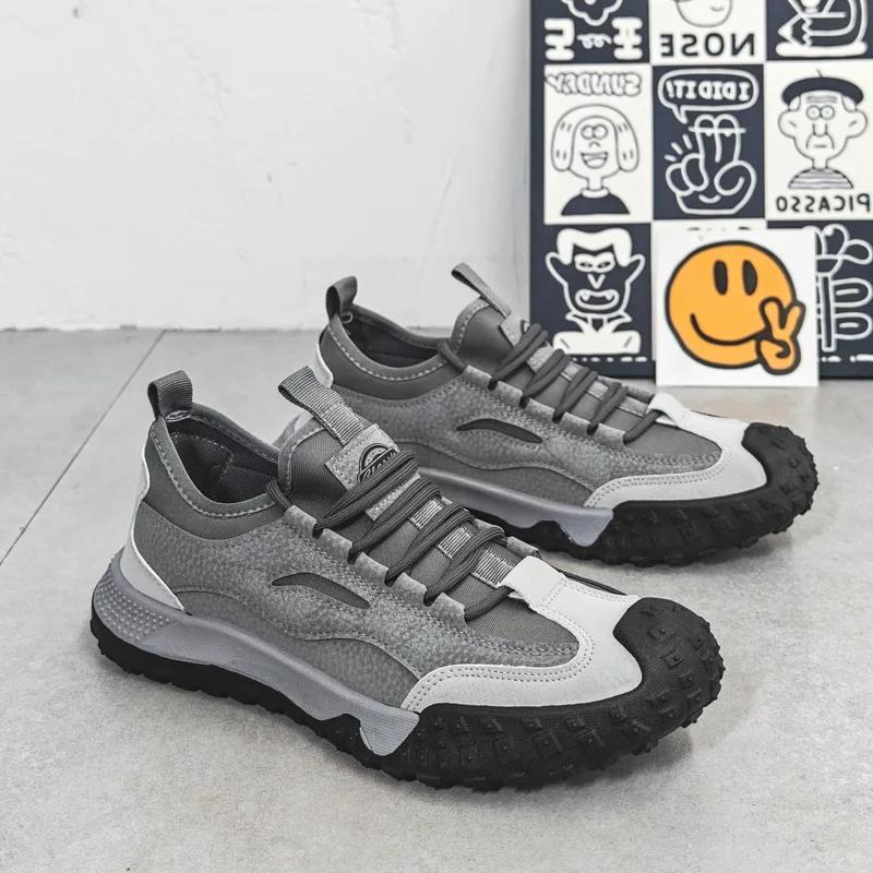 Outdoor Men Hiking Shoes Anti-slip Platform Men Sneakers Retro Leather Jogging Shoes Fashion Wear-resistant Trekking Shoes Male