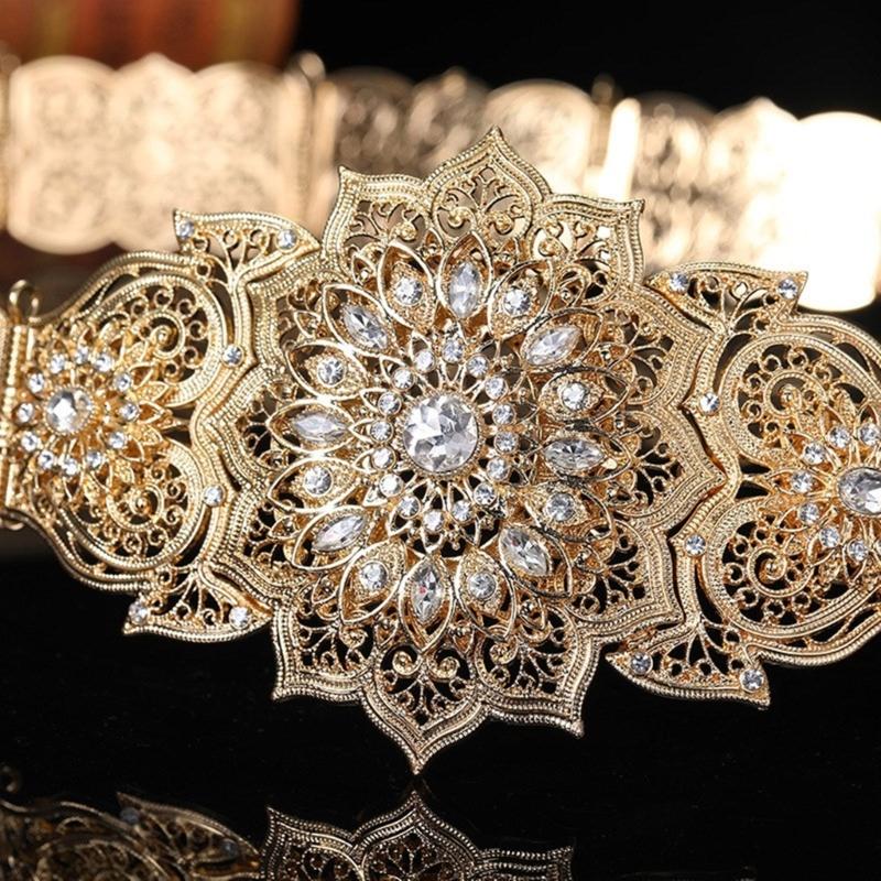 Traditional Hollowed Out Belt Moroccan Caucasus Robe Belt Antique Waistband for Wedding Rhinestones Carving Corset Belt