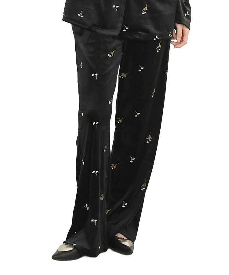 

DONOBAN Women s Flower Embroidered Velvet Pants in Black