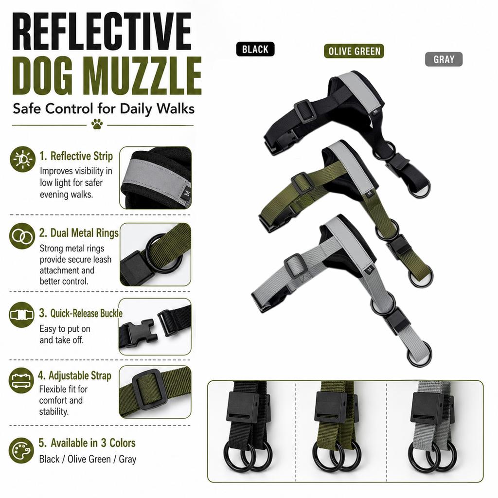 Pet Muzzle Outdoor Restraint Anti Bite Anti Eating Randomly Breathable No Mouth Tightness Night Reflective Adjustable