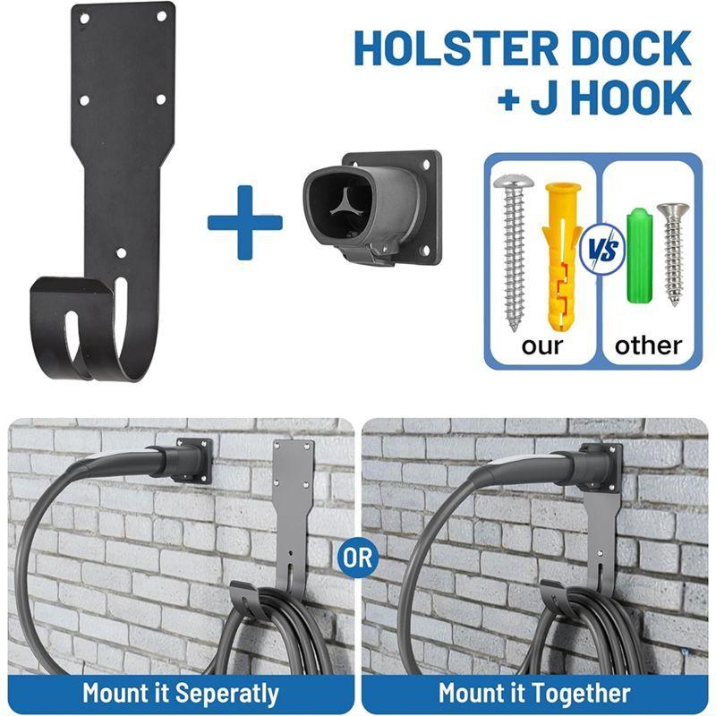 AW-EV Holder Wall Mount Dock & J-Hook For Tesla Model X/Y/3/S, EV Charging Cord Hanger For NACS Connector