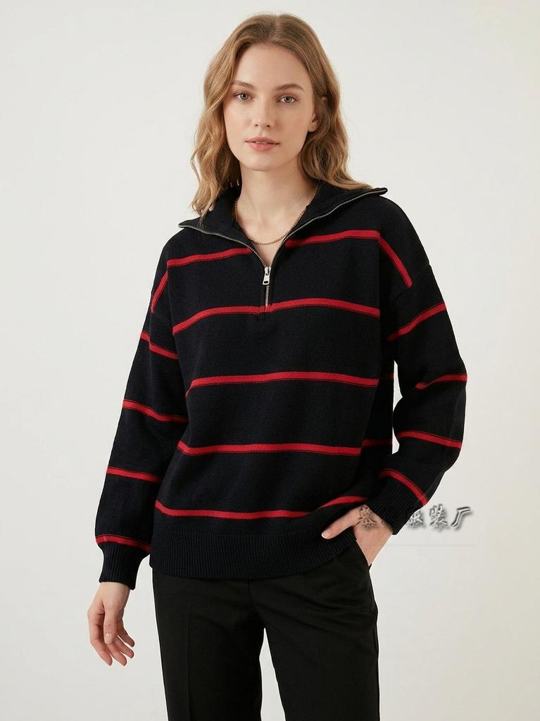 Women's Striped Half Zip Long Sleeve Pullover Sweatshirt Casual Loose Fit Top
