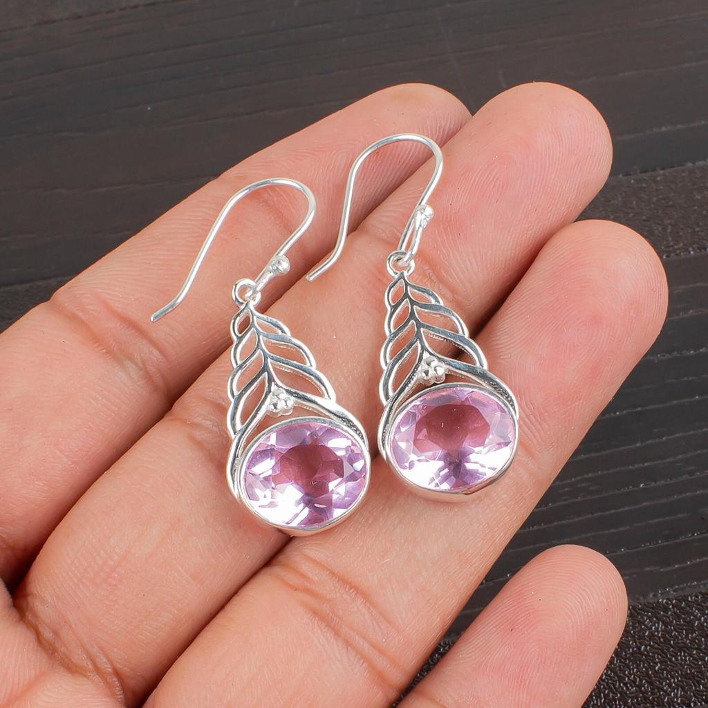 Oval Morganite Gemstone 925 Sterling Silver Jewelry Drop/Dangle Earrings 1.64" CE-1-10