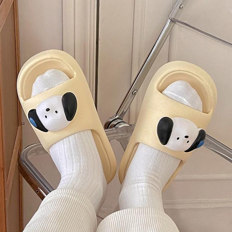 WTEMPO Cute Slippers Women's Cartoon Dog Soft Sole and Flat Heel Anti Slip Thick Sole Comfortable Casual Indoor Bathroom Odor Resistant Slippers