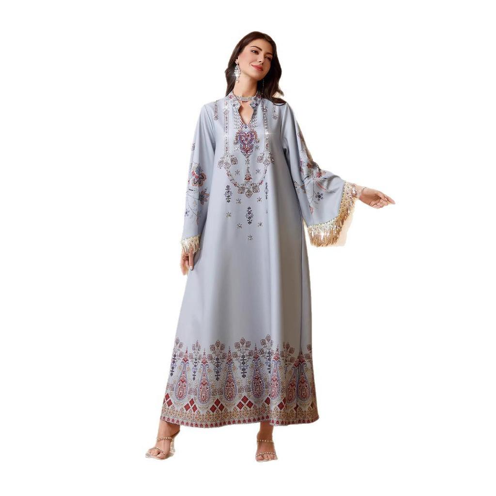 Middle East Cross-border Muslim Women's V-neck Print Tassel Arabic Abaya Dress