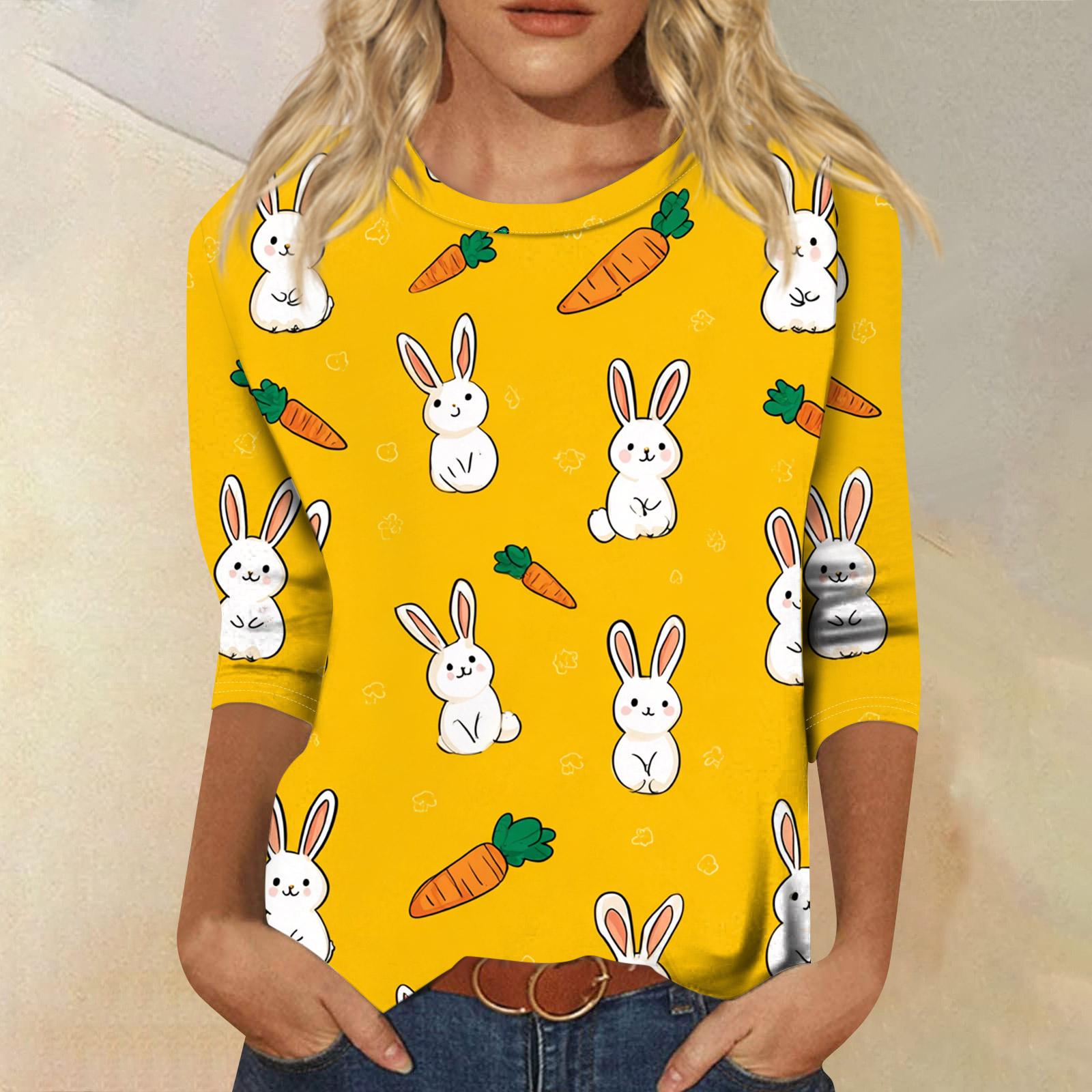 

Women s Fashionable Casual Three-quarter Sleeve Easter Print Round Neck Pullover Top XL жовтий