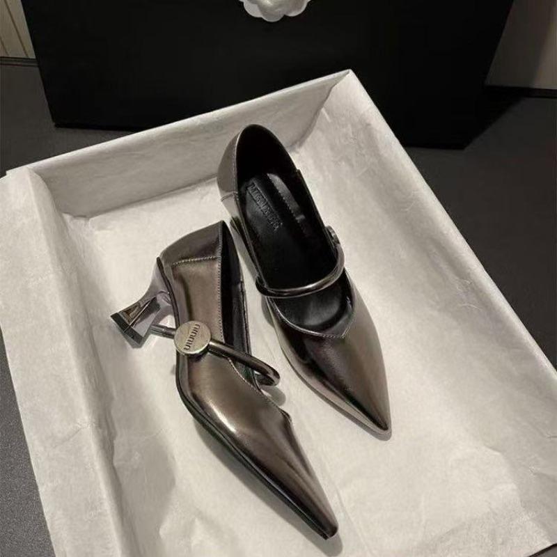 Pointed-toe High-heeled Women's Thick-soled Anti-slip New Soft Leather Mid-heeled Shoes