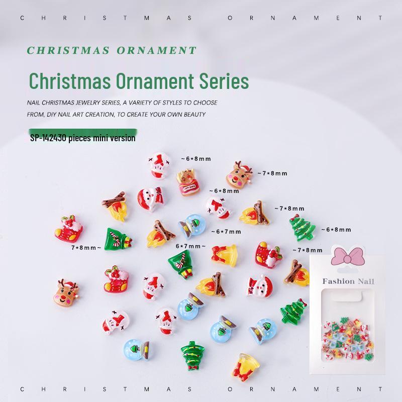 

30-Piece Christmas Nail Art Set: Cute Resin Rhinestones with Cartoon Trees, Snowmen & Glove Designs