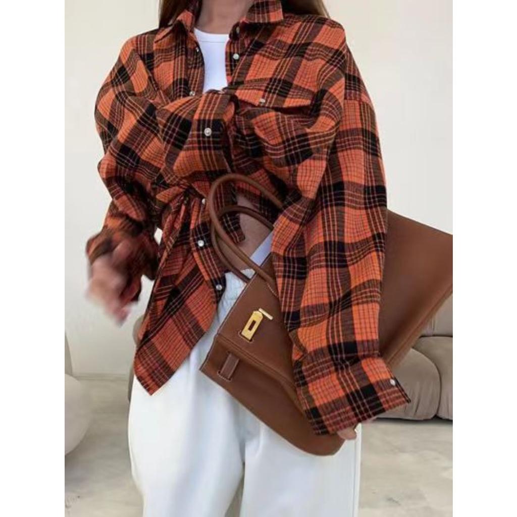 Women's Point Collar Long Sleeve Plaid Shirt Loose Fit Streetwear Blouse With Chest Pocket Spring Casual Oversized Tunic Shirt