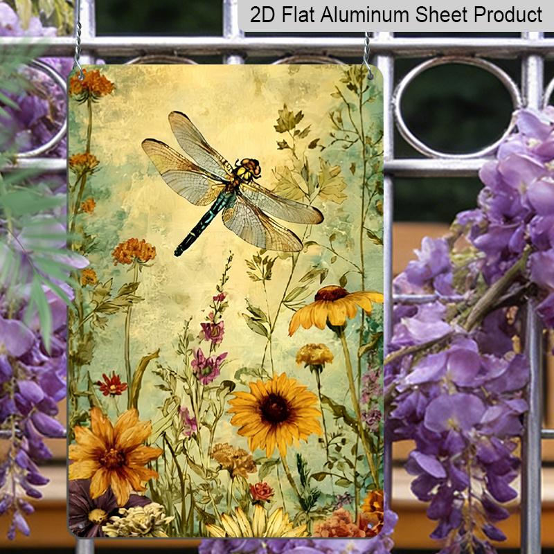 2D Flat - 1pc Vintage Dragonfly Floral Metal Sign | Aluminum Wall Art Decor, Garden Cafe Garage Engraving, 8x12 Inch, for Home Restaurant Indoor