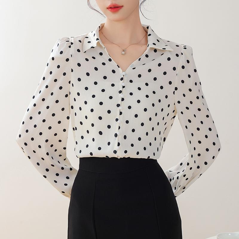 Women Blouses Shirts 2025 Spring Long Sleeve Women Blouse Shirt Turn Down Collar Dot Chiffon Blouse Shirt Women Tops J912