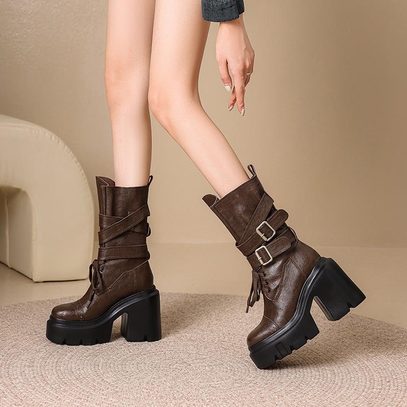12cm Thick Sole Mid-Tube Women's Boots Retro Western High Heels Autumn Winter Fashionable Chunky Heel Booties
