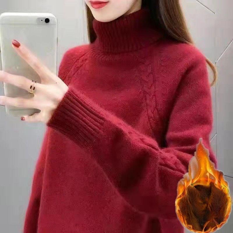 Thickened turtleneck sweater for women autumn and winter short solid color warm pullover versatile long - sleeved fleece loose knitted sweater