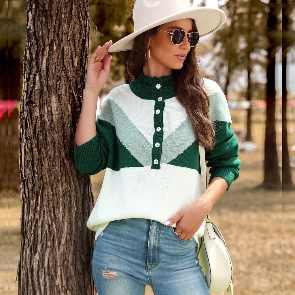 Spring and Autumn Women's Sweater Fashion Color Blocking Half High Neck Sweater Long Sleeve Knit Sweater
