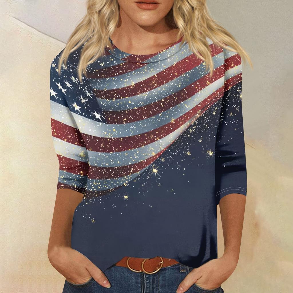 Damenmode Lässiges Oberteil mit Sieben-Viertel-Ärmeln, Unabhängigkeitstag-Print, Rundhalsausschnitt