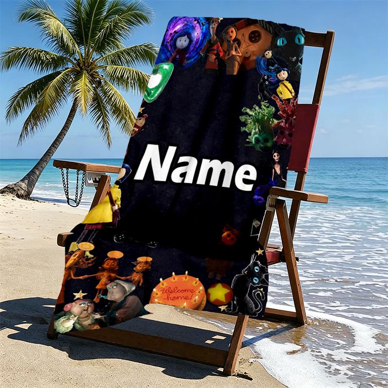 Custom Name Personalized Coraline Print Beach Towel, for Trip Camping Beach Party Home Decor, Birthday Gift for Family & Friends