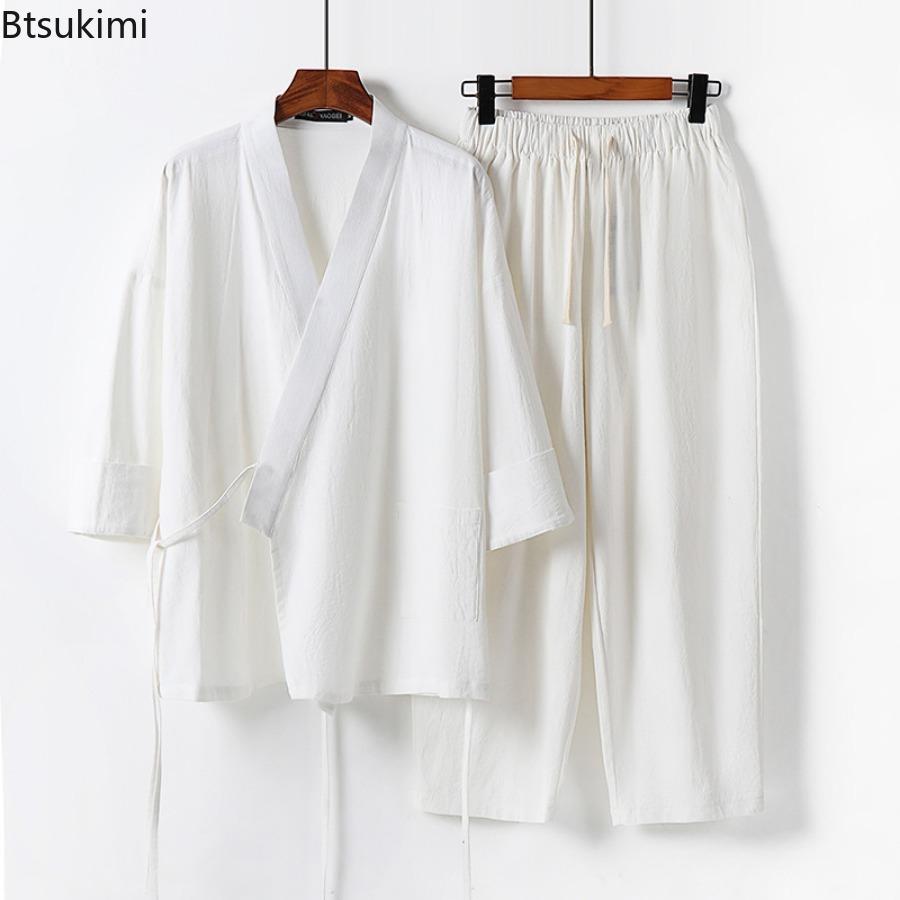 Men's Summer Cotton Linen Two Pieces Chinese Style Lace Up Kimono Tops+Pants Casual Suit Male Vintage Hanfu Tang Suit M-9XL