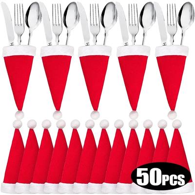 Mini Christmas Cutlery Holder Bag Xmas Hat Knife Fork Spoon Set Pockets Bags Party Dinner Table Tableware Organizer Decoration