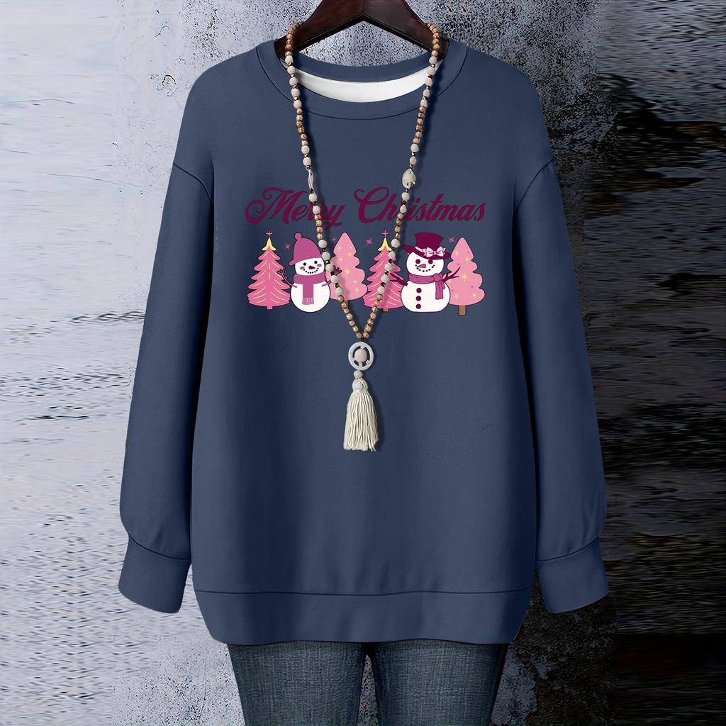 Ladies' Christmas Printed Round Neck Long Sleeved T-shirt Sweatshirt Top