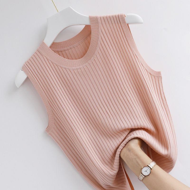 Gilet à bretelles femme printemps et été nouveau ajusté sans manches tricoté basique T-shirt à col rond élastique avec haut