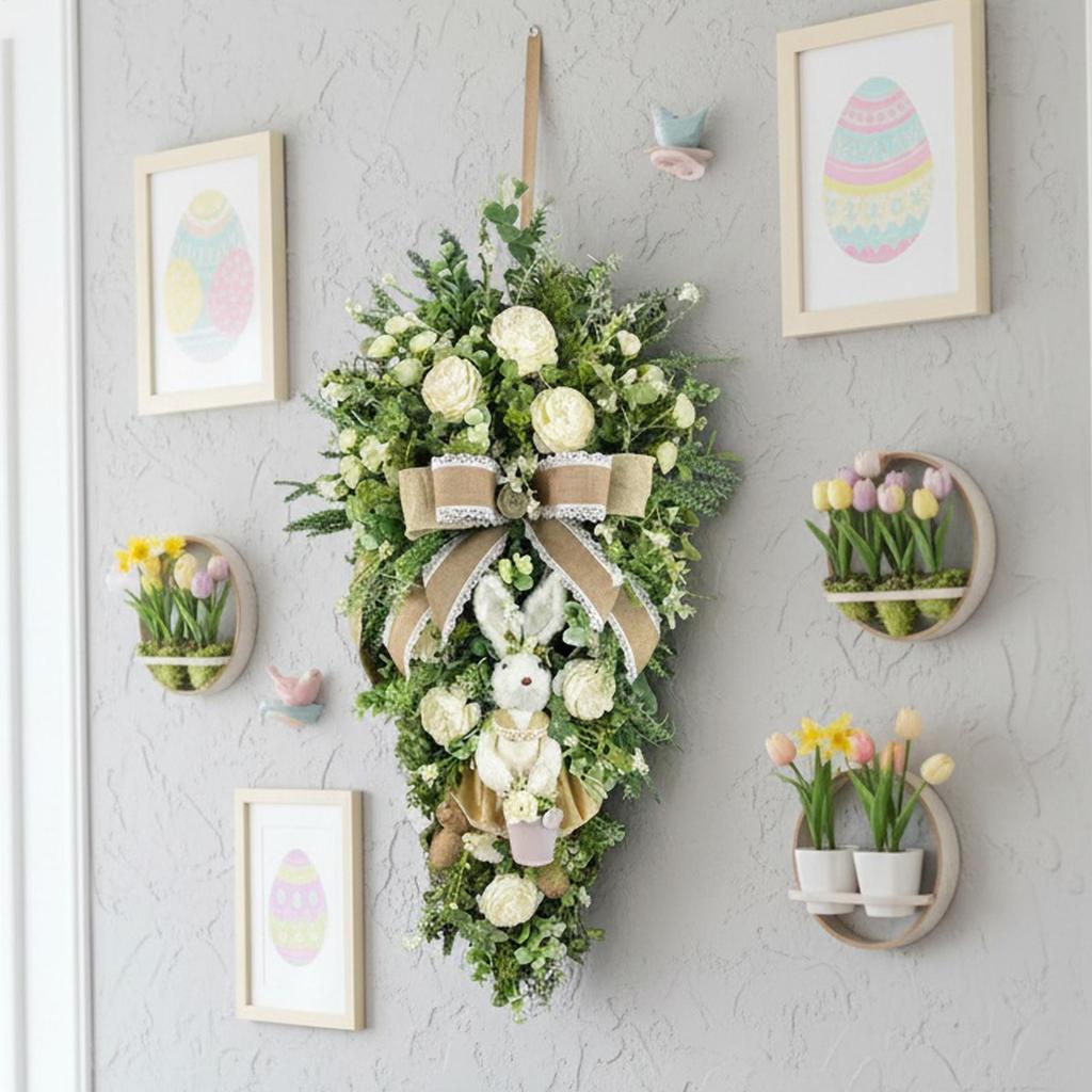 Easter Teardrop Wreath Ornament Easter Rabbit Flower Basket Wreath Artificial Teardrop Bunny Garland For Front Door, Patio