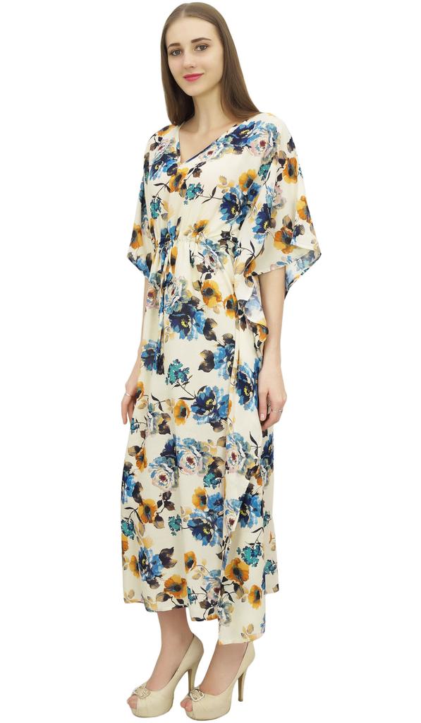 Bimba Women's Easy Wear White Long Kaftan With Drawstring Waist Long