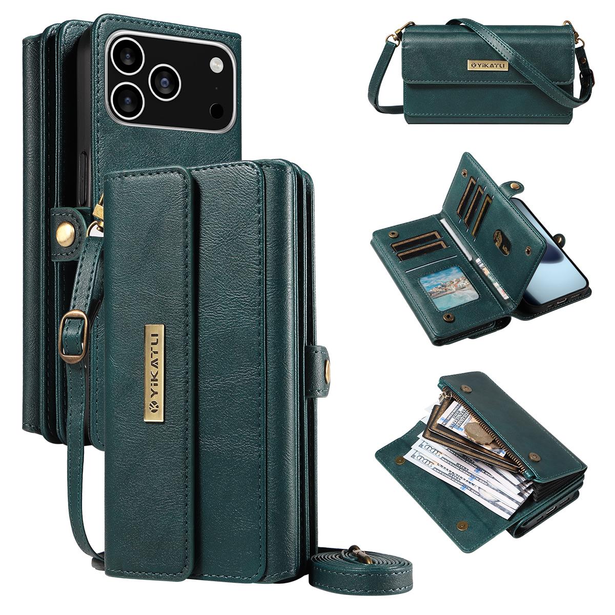 

For iPhone 17 Pro Case YIKATU YK-008 Zipper Wallet Leather Phone Cover with Shoulder Strap Green