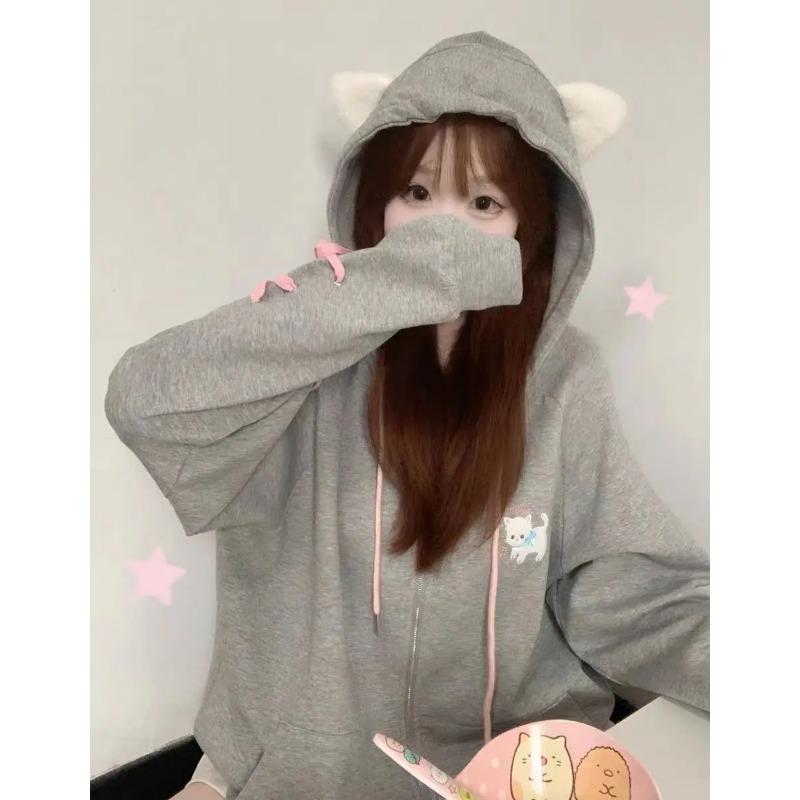 Mikina s kapucí Kawaii Sweet Harajuku Ženy Japonská móda Roztomilá kočka výšivka Pásky na zip Mikina s kapucí Soft Gril 2023
