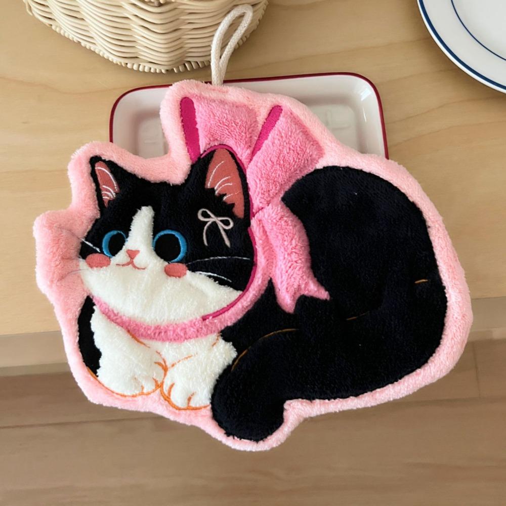 

2pcs Hanging Cartoon Cat Hand Towel Water Absorption Kitchen Towel Dinning Table Pink Bow Tie