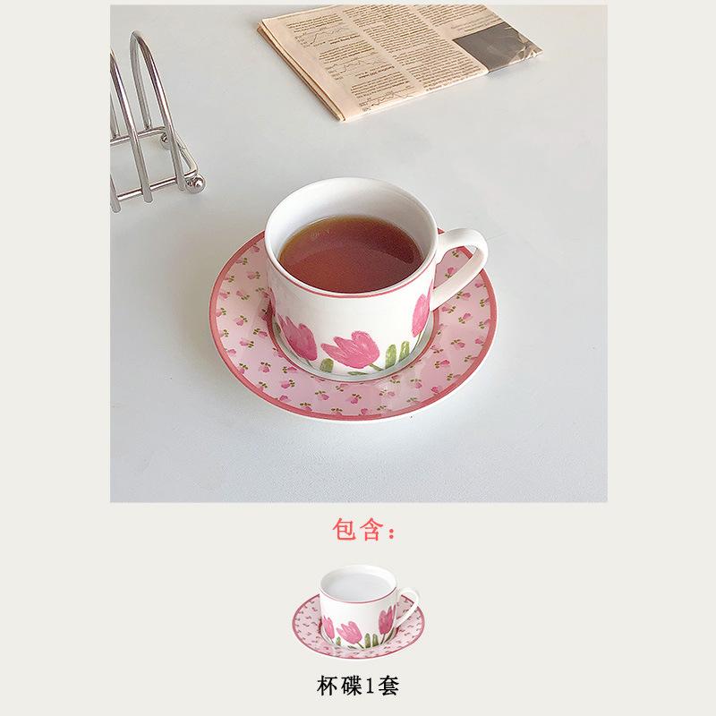 Slow As Old - Pink Tulip Ceramic Coffee Cup And Saucer Set Korean French Afternoon Tea Premium Cup