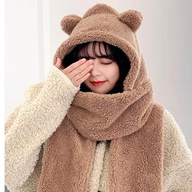 Ursuleț Ursuleț Pălărie pentru ureche Femeie Toamnă și Iarnă All-match Drăguț de pluș Esarfă de iarnă Cu glugă